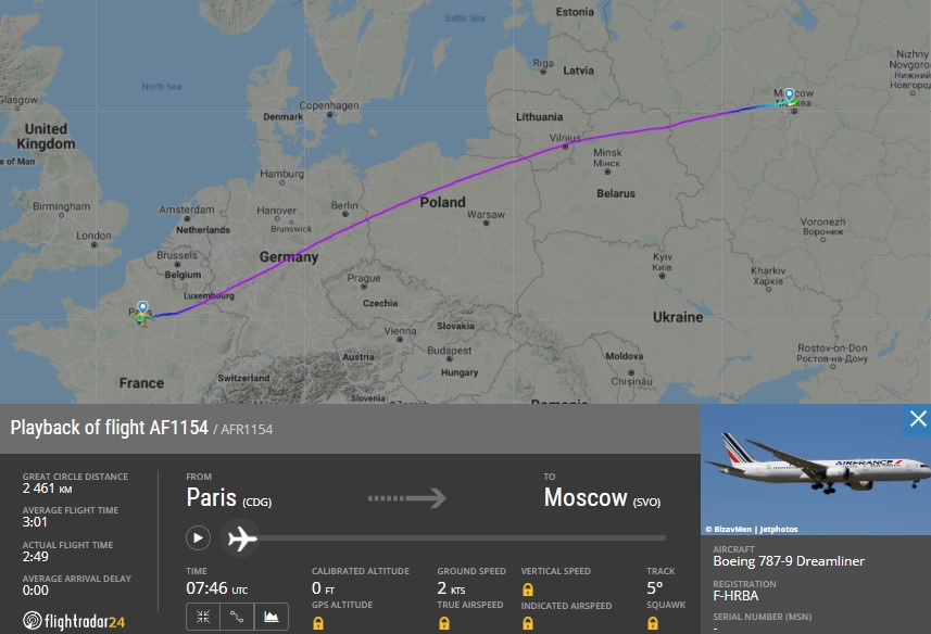 Маршрут рейса Air France Париж — Москва 24 мая 2021 года ещё пролегал над Белоруссией