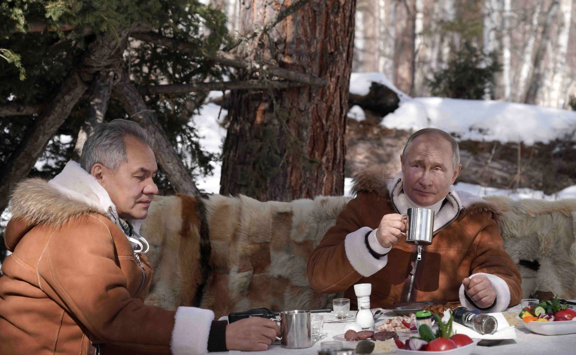 В начале года пресс-служба Кремля опубликовала фото с отпуска Путина: вот он с Сергеем Шойгу обедает на свежем воздухе в Сибири. На столе свежие овощи, разносолы, колбаса