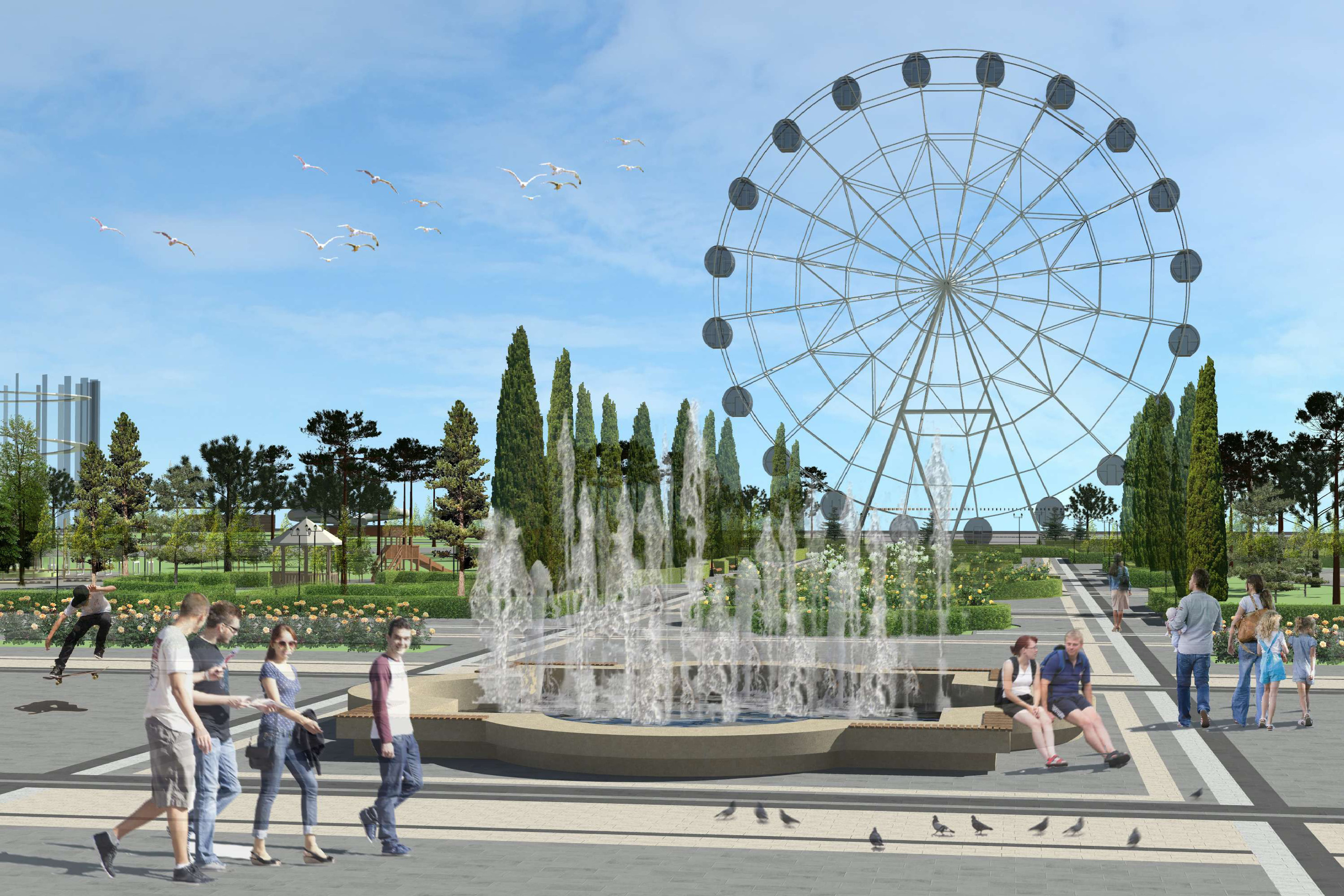 Судя по эскизам, в парке планируют установить фонтан