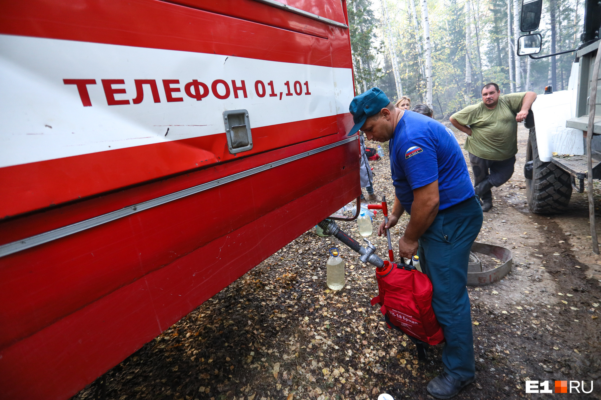 В глубине леса организованная группа волонтеров работает вместе с пожарными