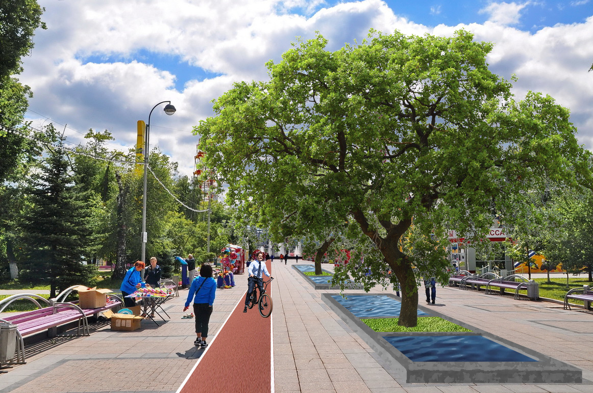 Вариант реставрации центральной части бульвара — добавить деревьев, водяных структур, разделить зону прогулки и велодорожек