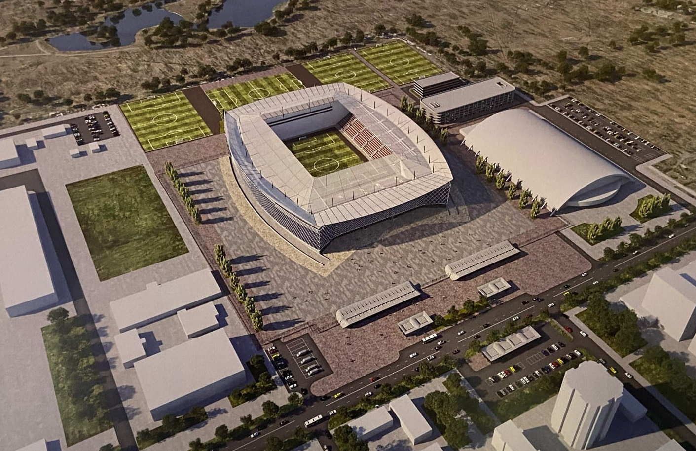 Вокруг нового стадиона планируется оборудовать четыре футбольных поля