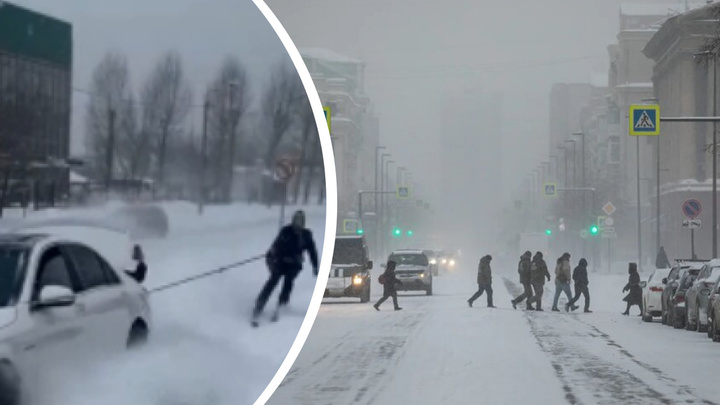 Красноярец зацепился тросом к машине и проехался по свежевыпавшему снегу на Мичурина