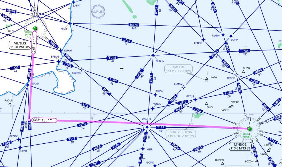 Расстояние в морских милях до аэропортов Вильнюса и Минска в точке разворота самолёта Ryanair 23 мая 2021 года