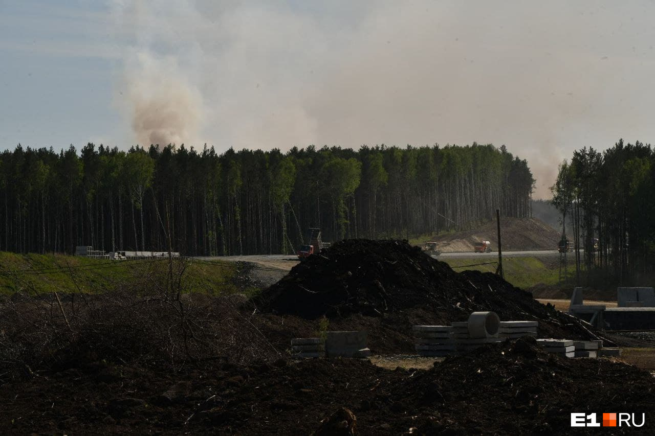 Вид на лесной пожар со стороны стройки на ЕКАД