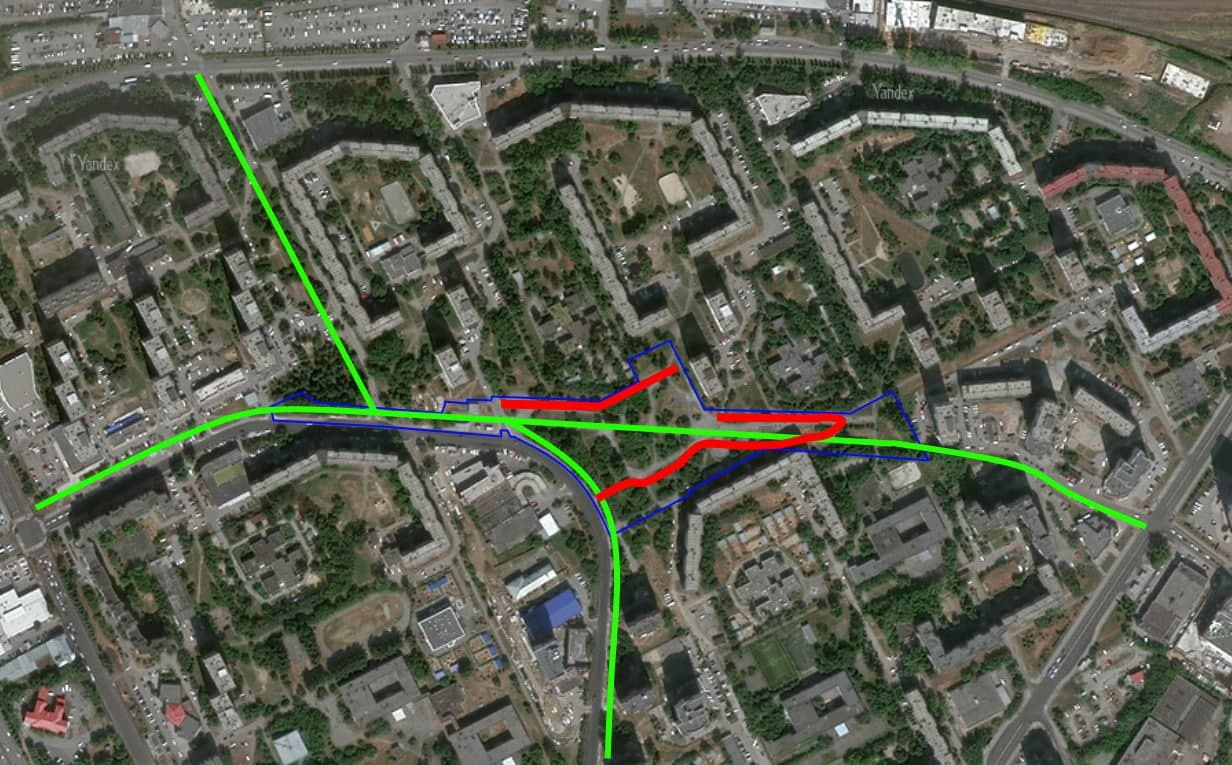 Оптимальная велодорожка (зеленый цвет), велодорожка по проекту (красный), зона проектирования (синий)