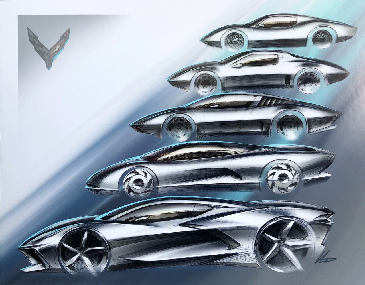 Скетчи разных версий средемоторного Corvette
