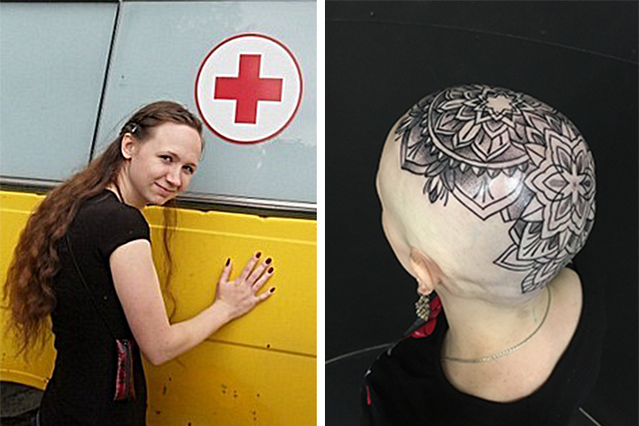 Женщина с татуировкой на голове носит серебряную краску для тела. | Премиум Фото