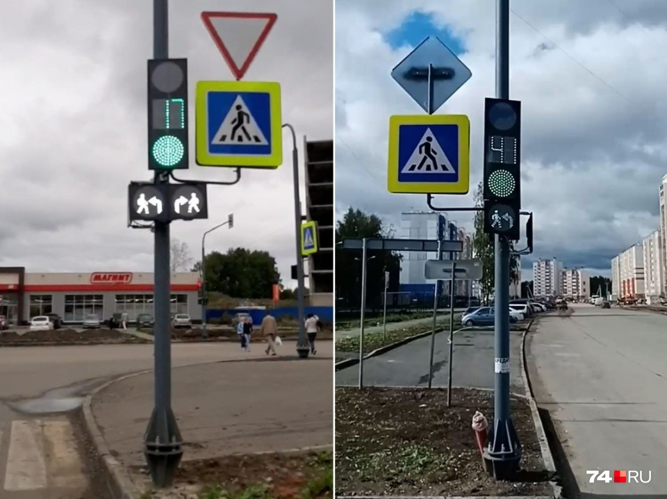 Светофоры нового типа с дополнительными секциями лунного цвета, которые предупреждают о пересечении траекторий с пешеходами при повороте налево или направо