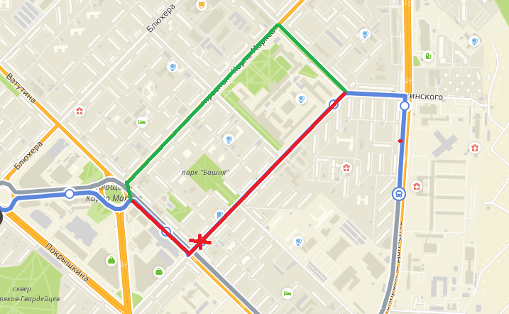 Зелёным цветом показан новый маршрут движения, красным — путь автобусов до перекрытия