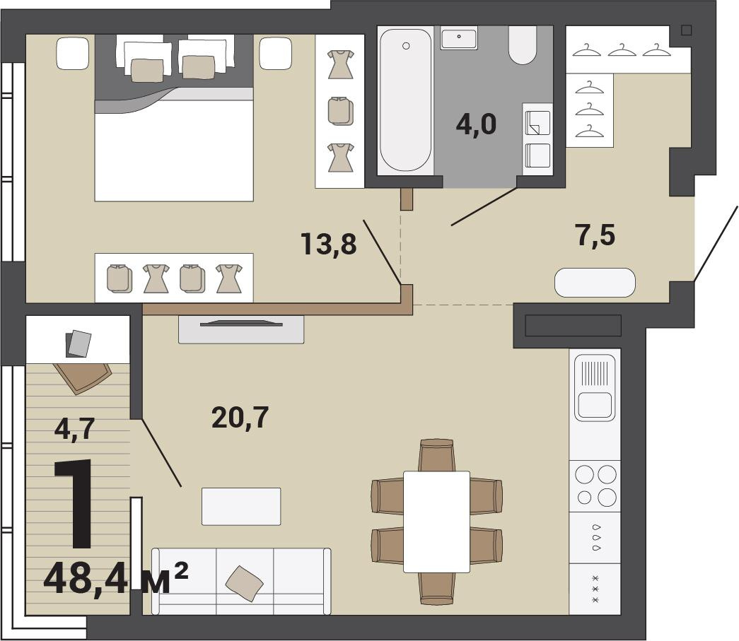 Квартира с кухней-гостиной и спальней — пространство разделено на личное и гостевое<br>