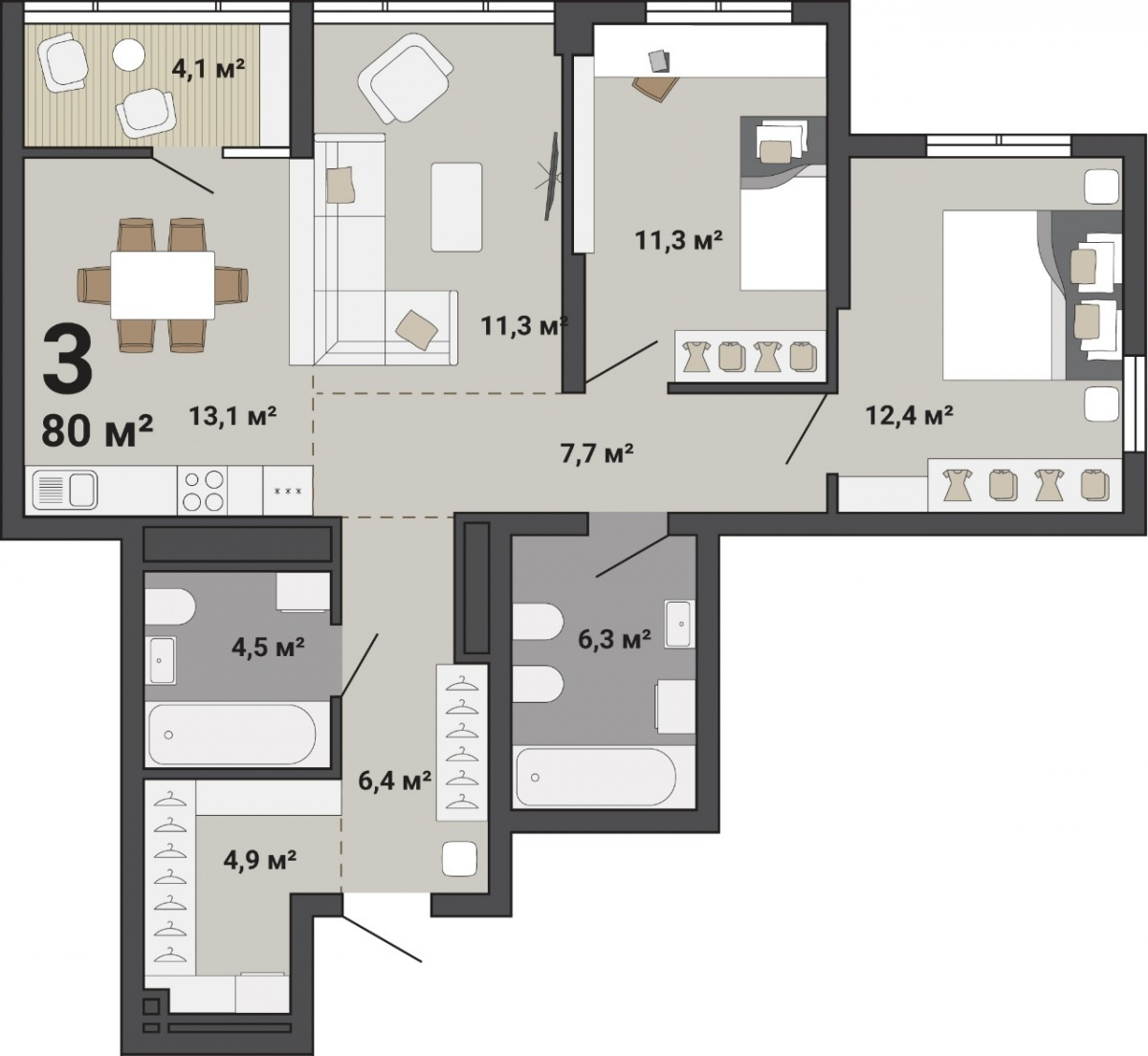 В трехкомнатной квартире найдется место и для каждого члена семьи, и для семейных посиделок