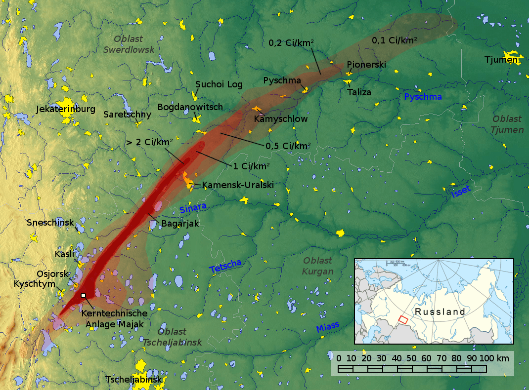 Карта восточно-уральского радиоактивного следа после взрыва 1957 года. В красную зону попали истоки Течи