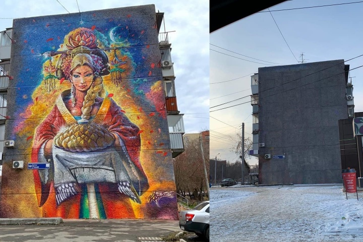 Работу сдали около недели назад, но минувшей ночью стена дома была закрашена и уже ничего не напоминало о ярком рисунке Работу сдали около недели назад, но минувшей ночью стена дома была закрашена и уже ничего не напоминало о ярком рисунке