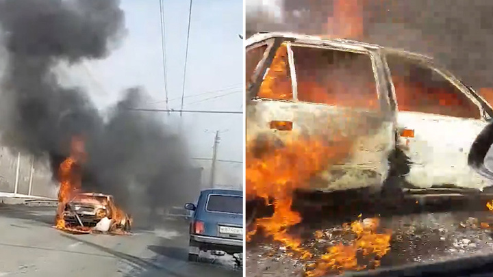 Вспыхнувшая машина остановила движение на оживлённой дороге в Челябинске