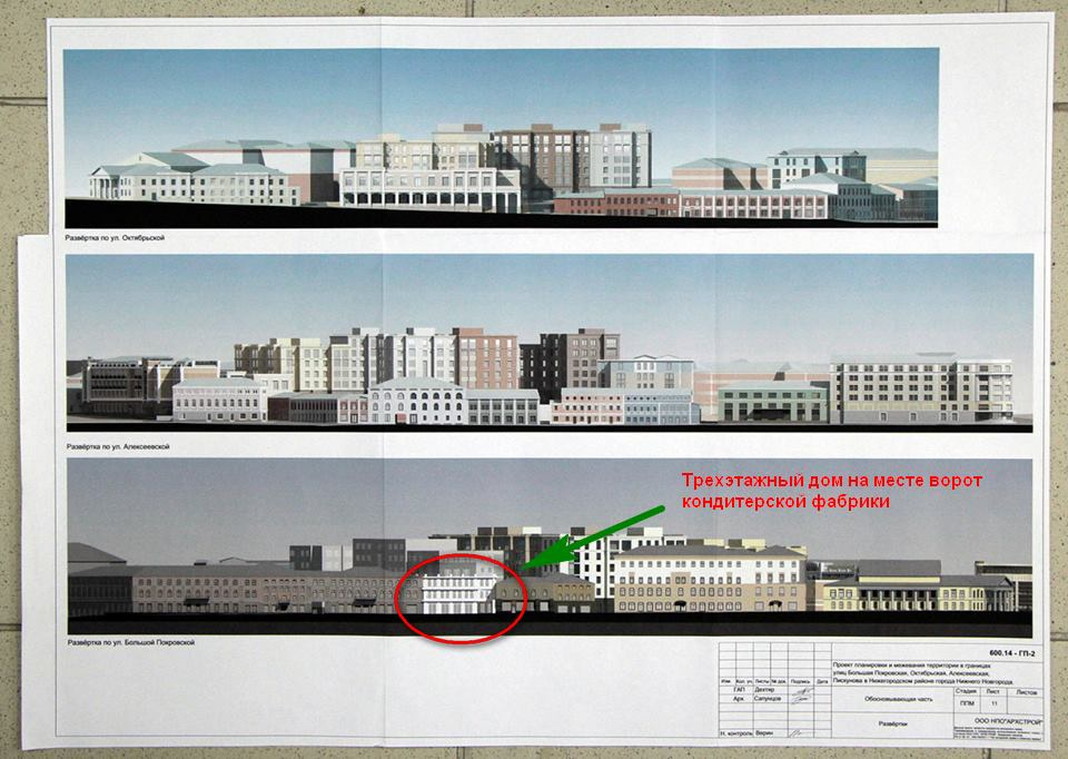На развертке виден будущий комплекс со всех сторон: с Октябрьской улицы (вверху), Алексеевской (в середине) и Большой Покровской (внизу)
