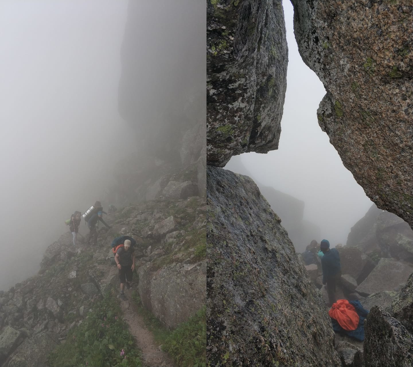 Путь назад через «ушко» на перевале. Подниматься пришлось в тумане с видимостью в 10 метров и передавать рюкзаки по цепочке 