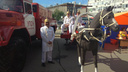 На улице Орджоникидзе устроили выставку старых пожарных машин с пластиковой лошадью