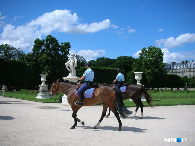 Что интересно — день и ночь сад патрулирует доблестная конная французская жандармерия