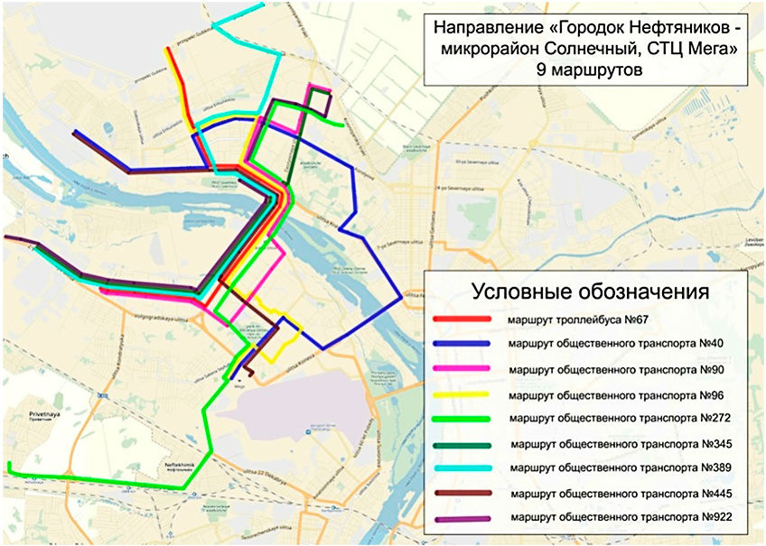 Примеры маршрутов из Нефтяников в посёлок Солнечный и до СТЦ «МЕГА» до и после внедрения маршрутной сети
