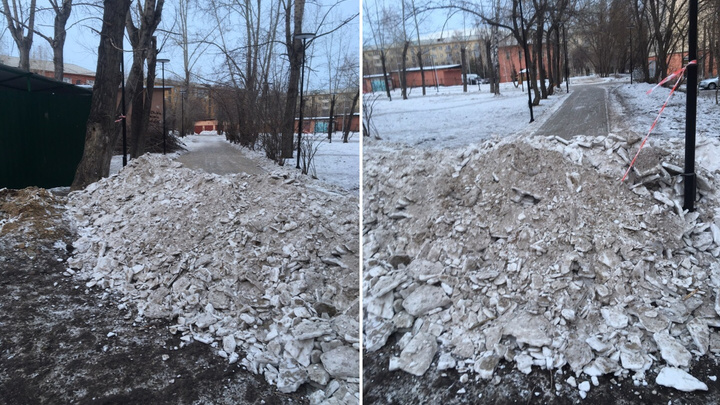 «Чтобы машины не ездили»: грудой счищенного снега перекрыли тротуар на Юности