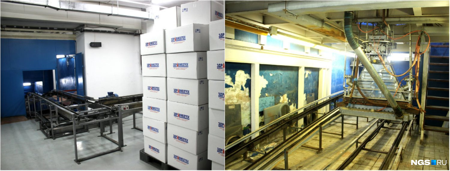 Промышленные ускорители — на конвейер составляют коробки с медицинскими изделиями (слева), которые проходят через облучение и дезинфицируются (справа)
