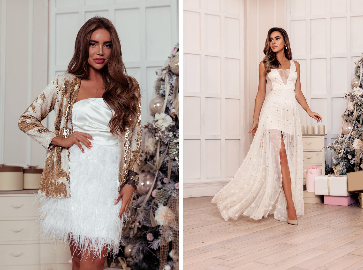 Malina Fashion белое платье с перьями