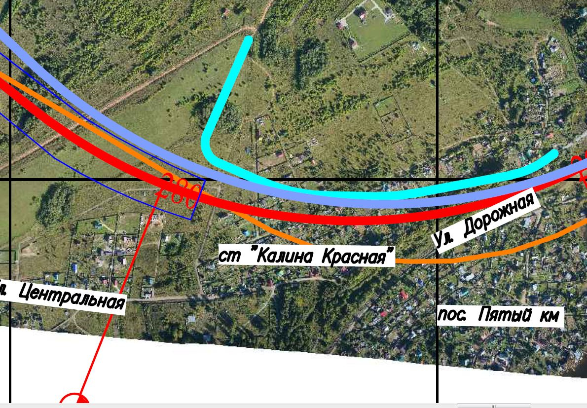 Синяя и красная линии проекта рассекают СНТ на две части по диагонали