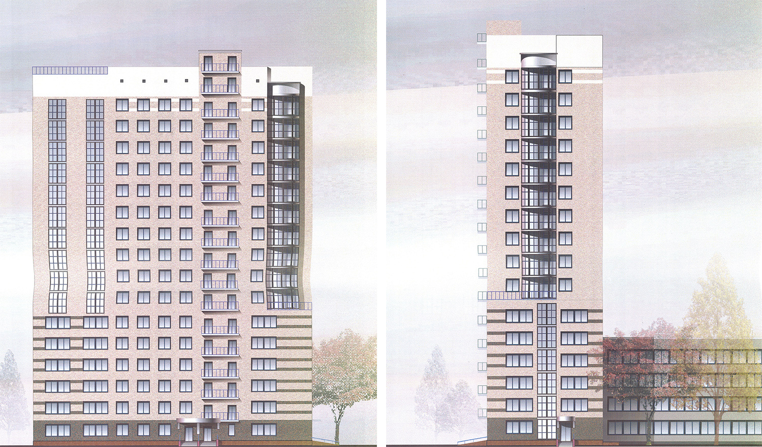 Так должно выглядеть здание по проекту: слева вид на фасад со стороны улицы Ольги Жилиной, справа — с Фрунзе