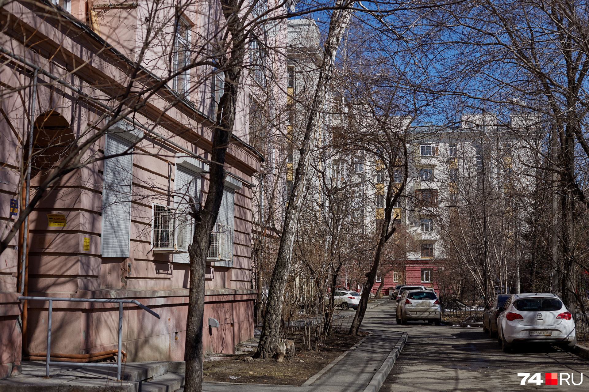 Двор в квартале засажен деревьями Двор в квартале засажен деревьями