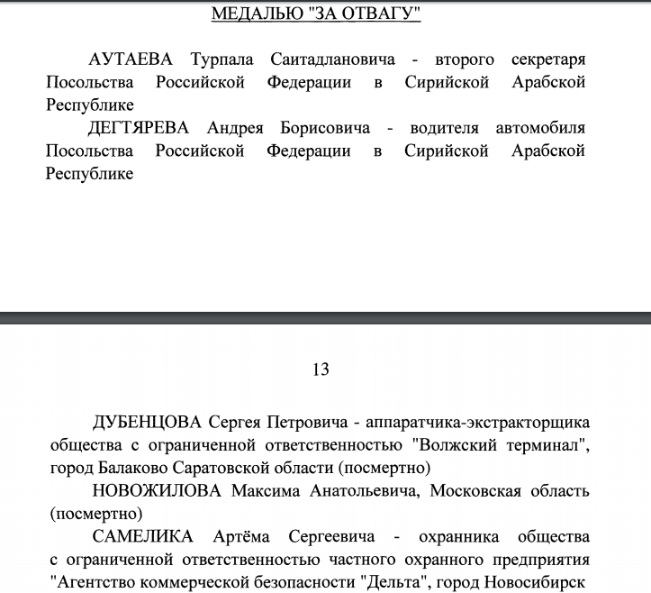 Фрагмент указа президента о награждении Артёма с сайта государственной системы правовой информации