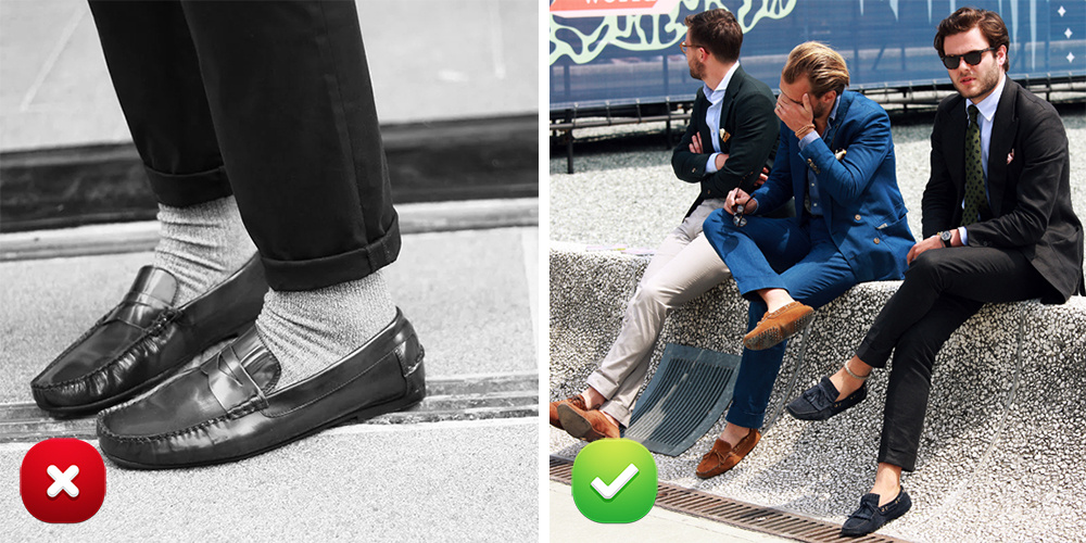По мнению эксперта, мокасины — это летняя обувь, которая, во-первых, предполагает теплое время года, во-вторых, надевается исключительно на босую ногу, а не на носки