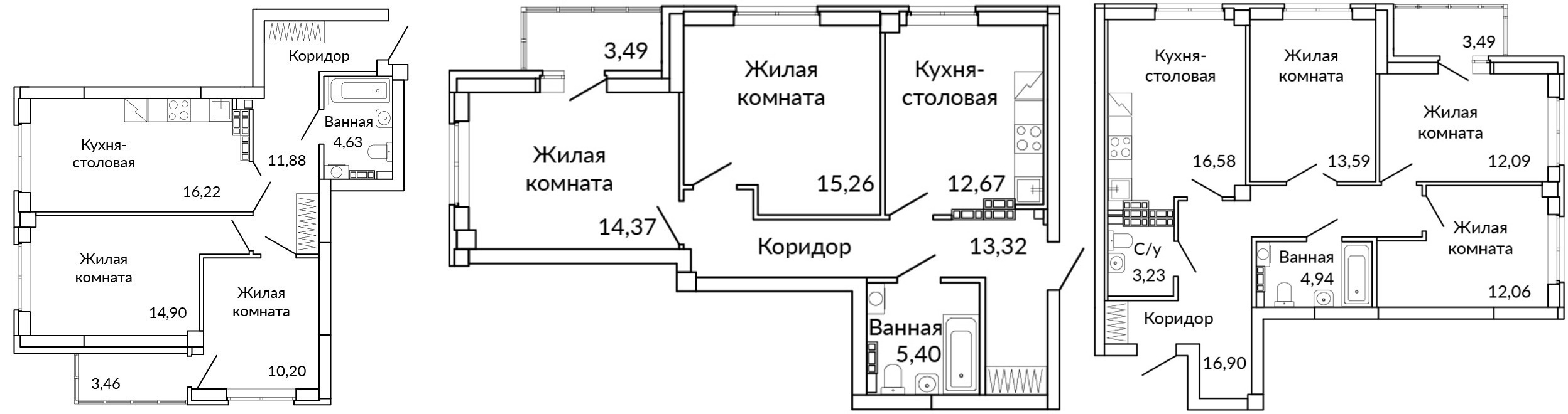 Семейные квартиры представлены несколькими вариантами планировок с окнами на разные стороны света Семейные квартиры представлены несколькими вариантами планировок с окнами на разные стороны света