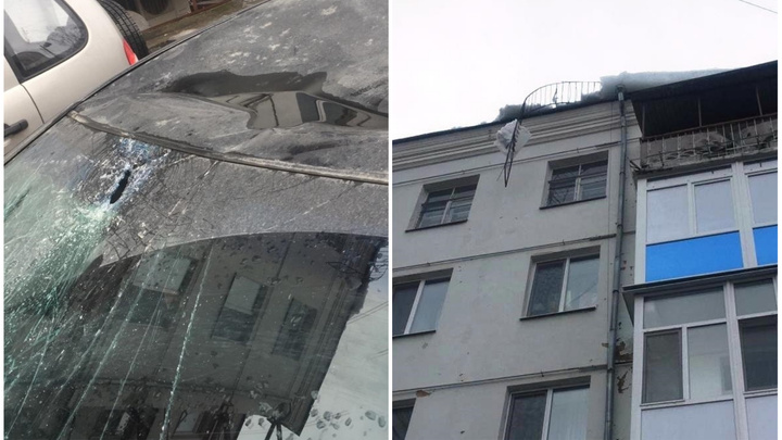 «Ремонта на 300 тысяч»: в центре Екатеринбурга кусок льда пробил лобовое стекло машины