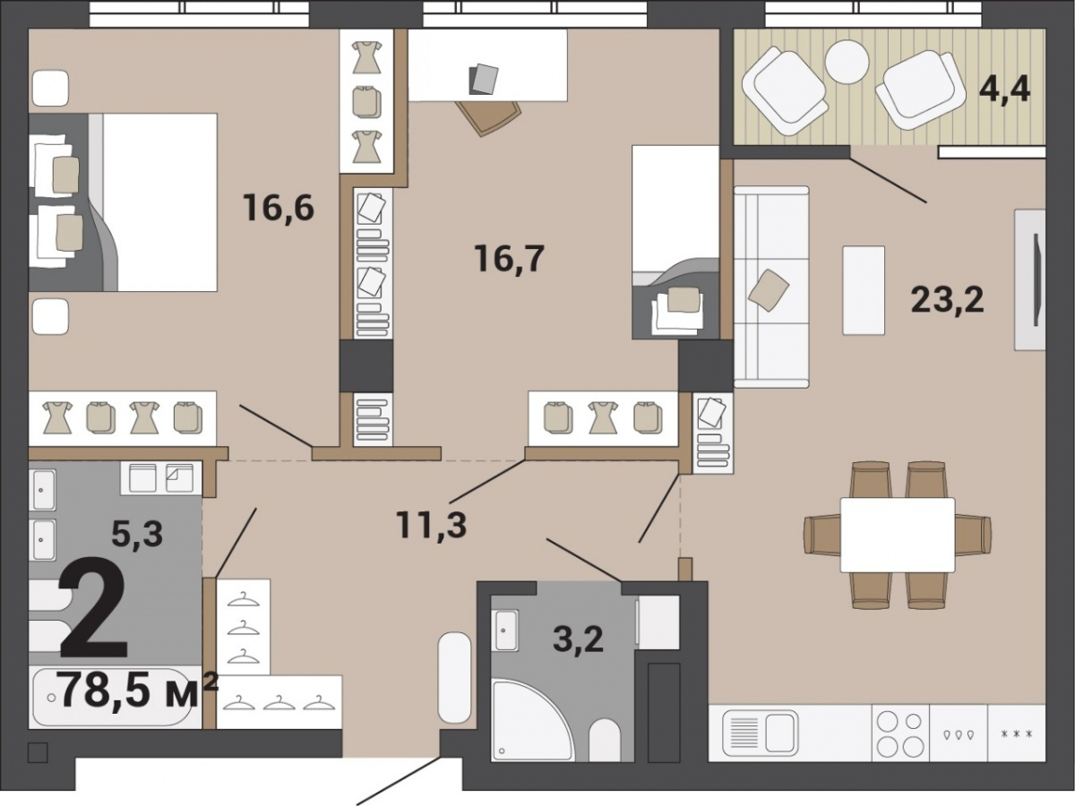Вариант двухкомнатной квартиры с кухней-гостиной, спальней родителей и детской