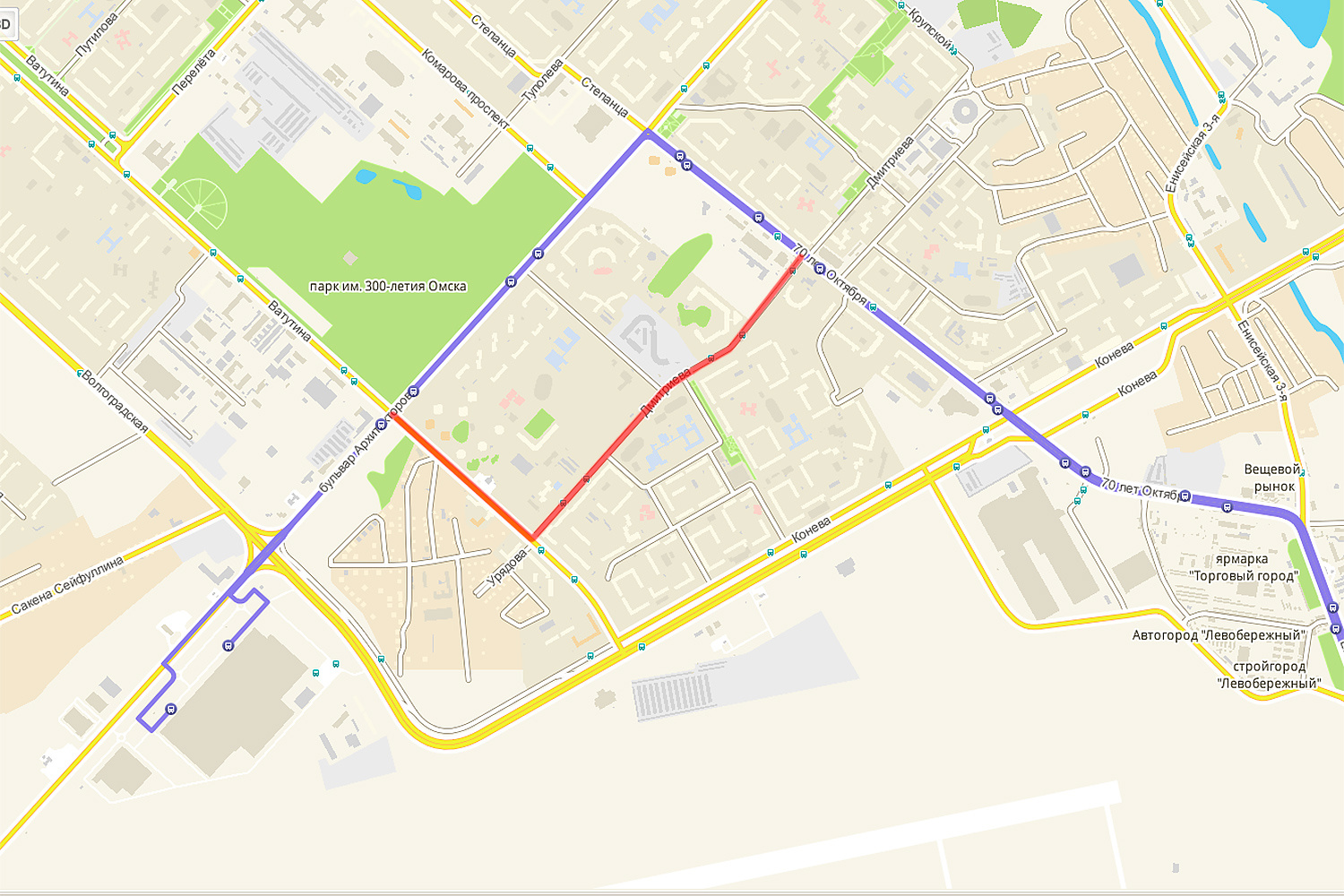Синим выделен путь маршрутки <nobr class="_">№ 703</nobr> до 23 ноября, красным — новый участок пути с сегодняшнего дня