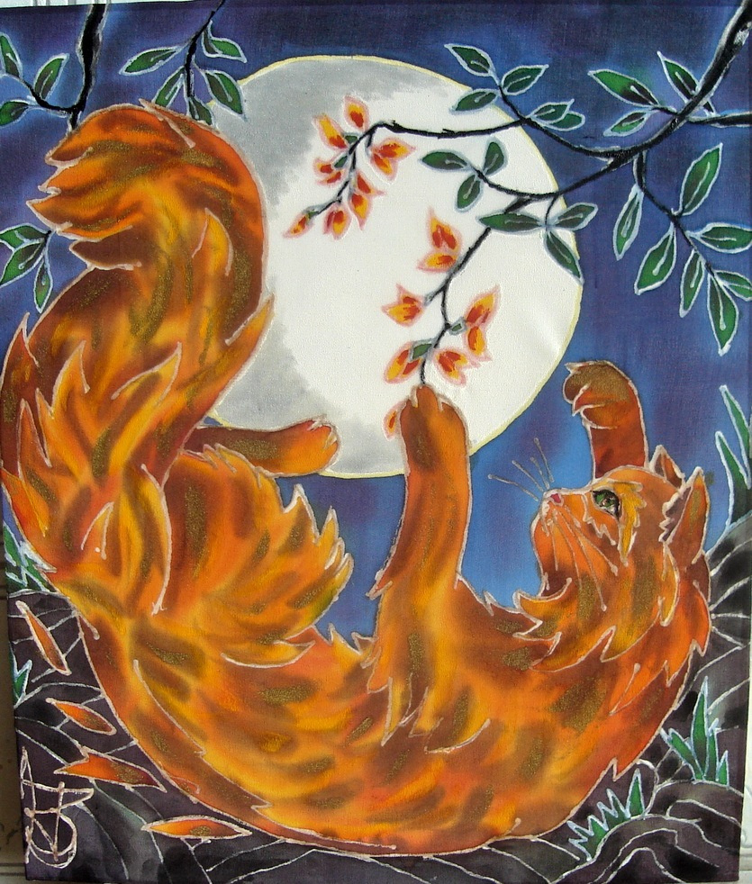 Кошка, играющая с луной, батик Кошка, играющая с луной, батик
