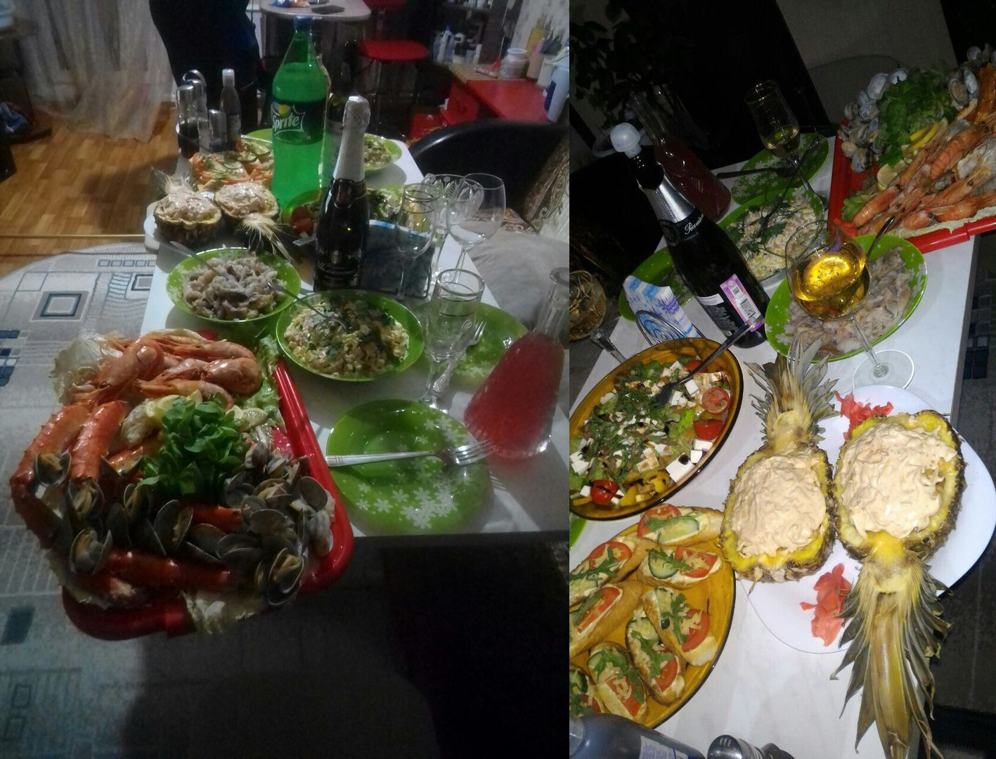 Богатый стол с морепродуктами и салатом в ананасе от нашей читательницы Розы<br><br>