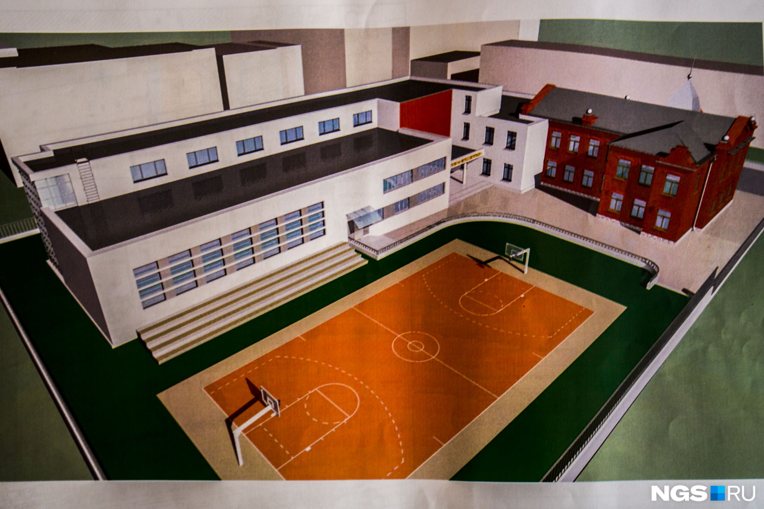 Проект пристройки к школе. Вид с угла улиц Чаплыгина и Революции