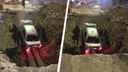 «Мазда» слетела с дороги в разрытую теплотрассу в Кировском районе