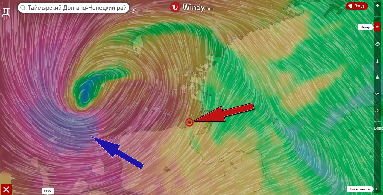 Красной стрелкой указано местонахождение экспедиционного судна. Синяя стрелка указывает область урагана, где ветер достигает 40 м/с. Циклон движется в сторону экспедиционного судна