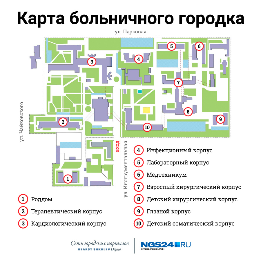 Карта больничного городка. Сохраните себе, она поможет вам сориентироваться на территории больницы! 