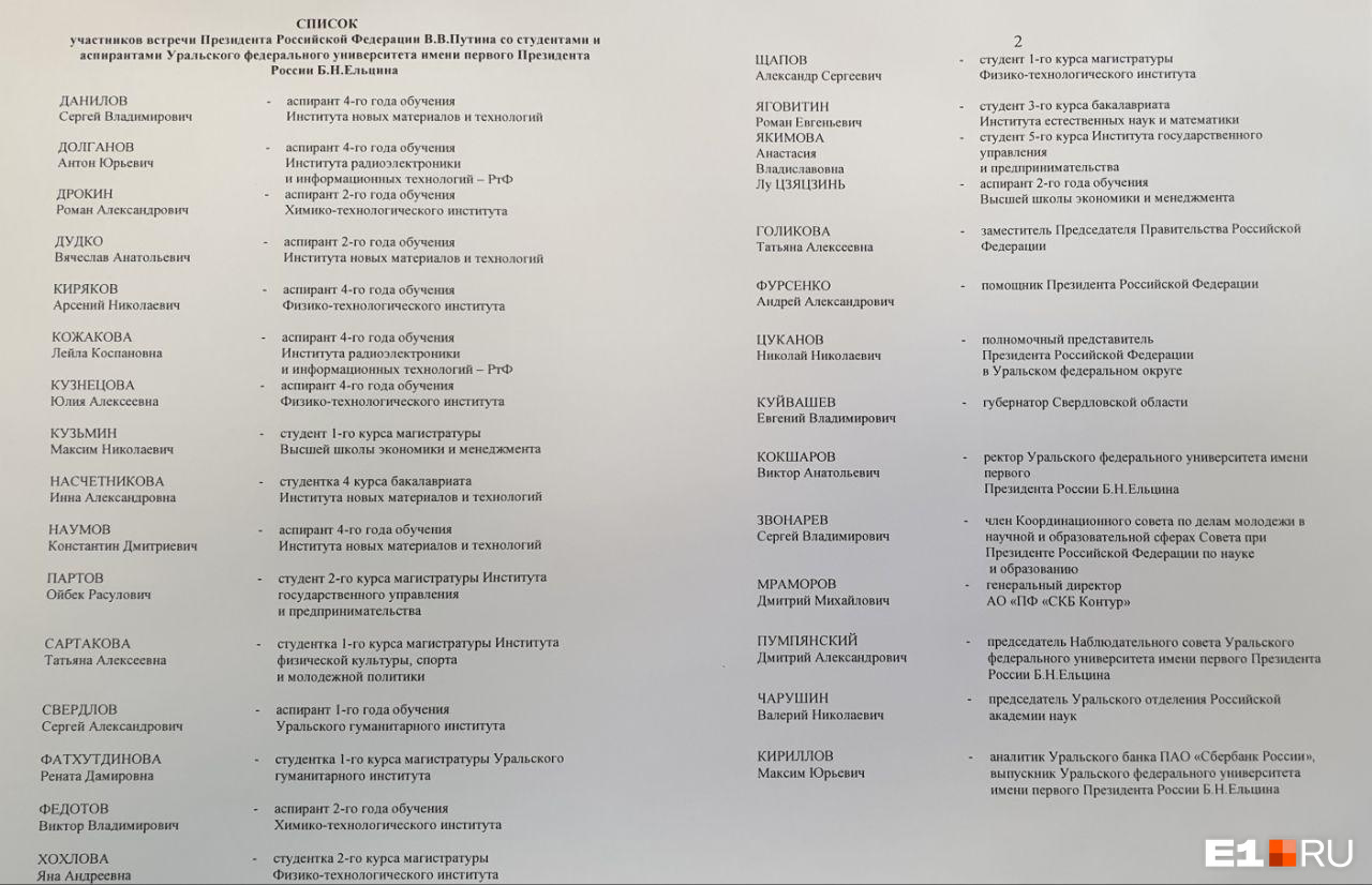 Список тех, кто будет на встрече с Путиным в УрФУ