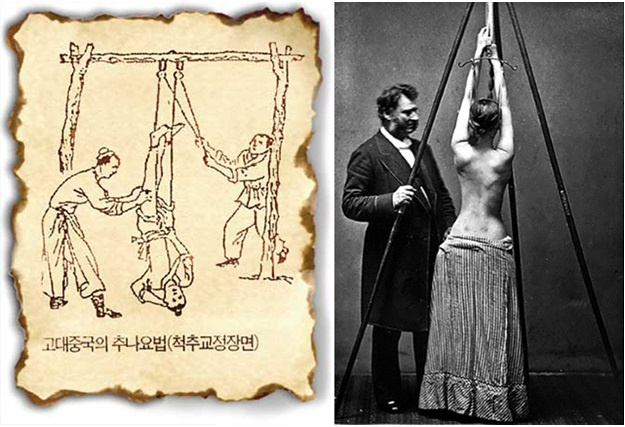 Слева — вытяжение в древности. Справа — врач XX века исправляет осанку пациентки при помощи специальной конструкции