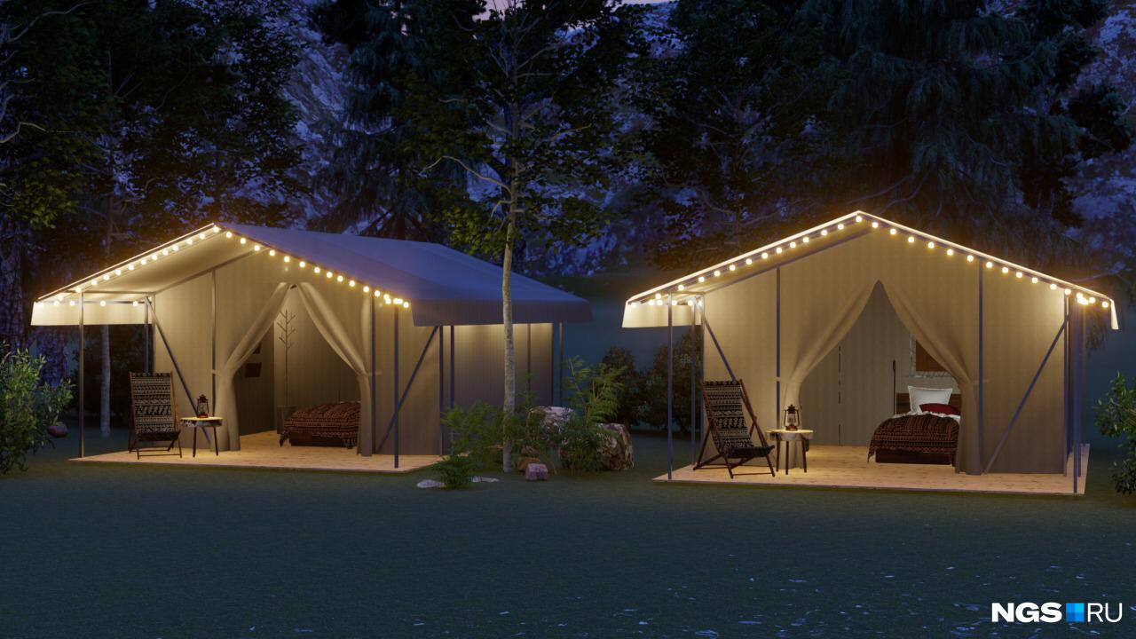 Палатки площадью 24 кв. метра планируется установить в живописных местах. В них будет свет и душ