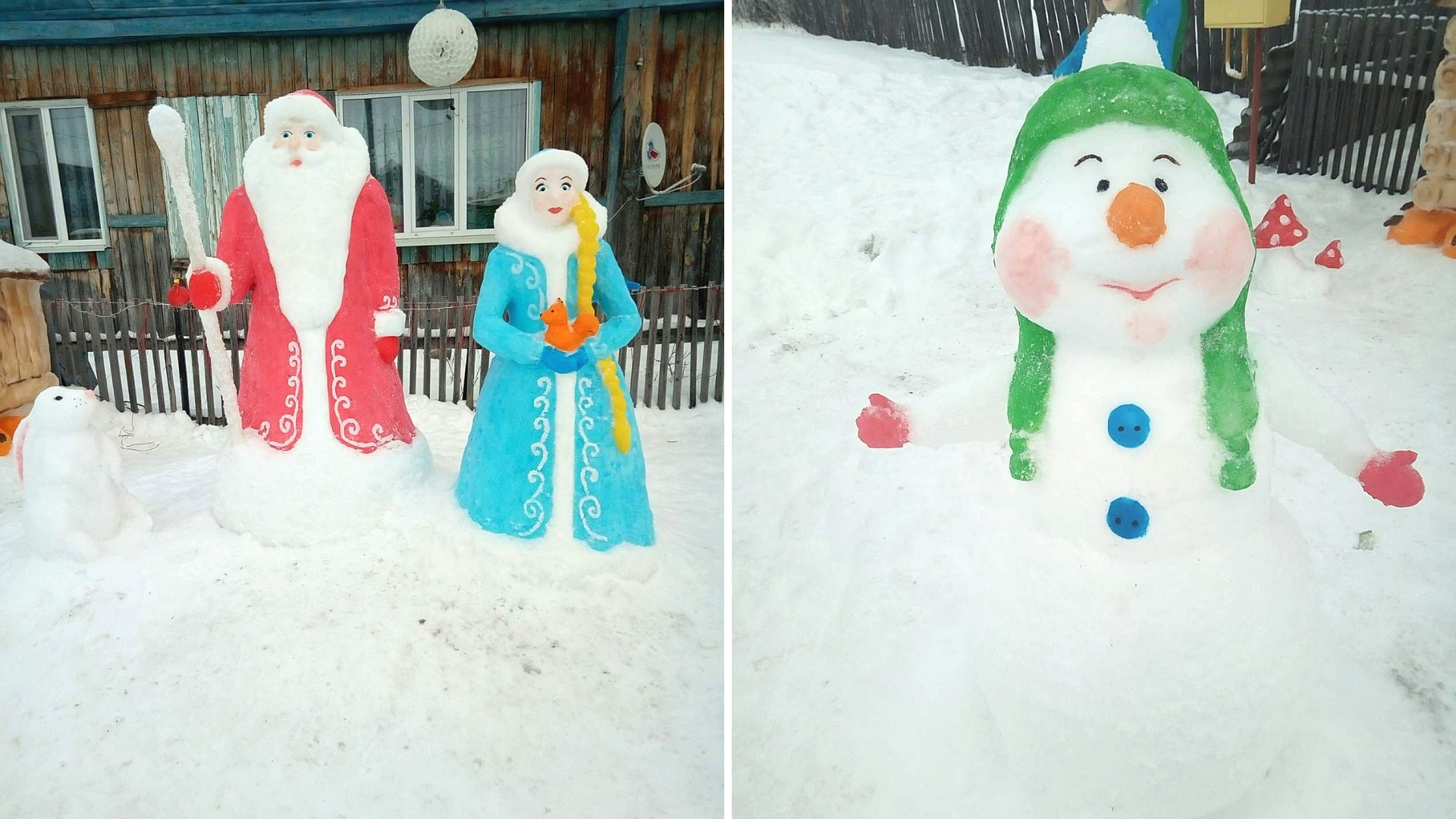 Зайцы, белки, снеговик и даже Баба Яга в ступе с метлой соседствуют со снеговиком и главными новогодними героями