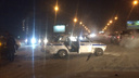Машина полиции вылетела на встречку на Димитровском мосту и столкнулась с двумя иномарками