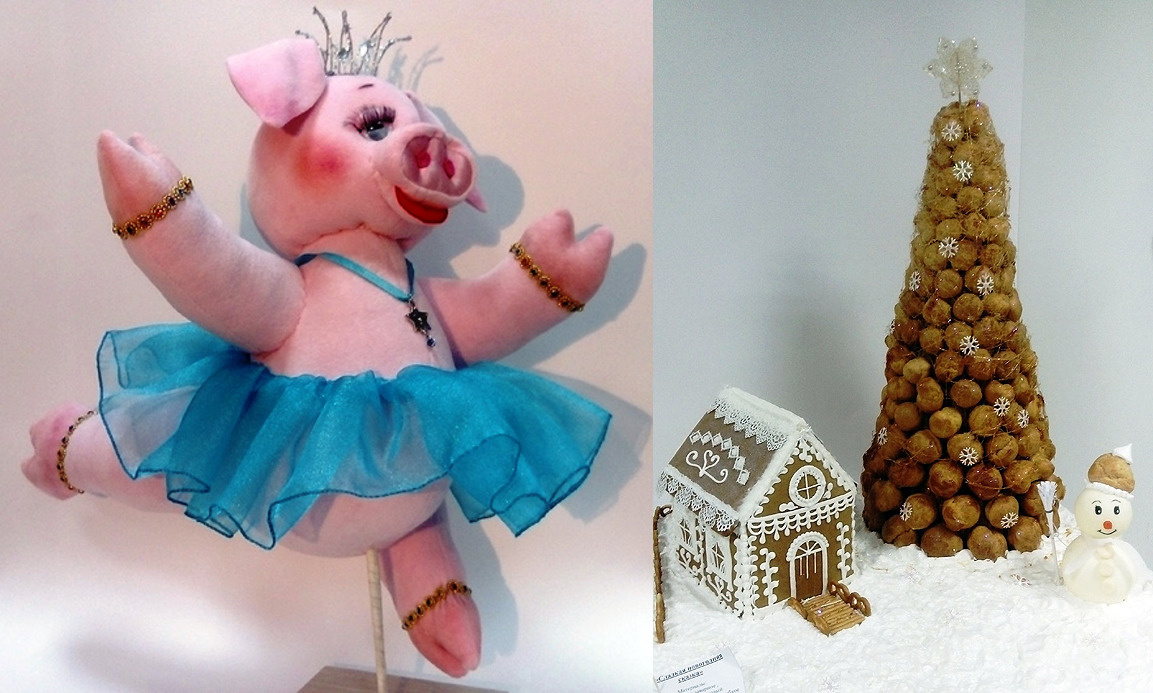 Симпатичная свинка, сделанная своими руками, от Софьи (номинация 12–17 лет) и рядом — сладкие композиции, которые в этом году были представлены впервые 
