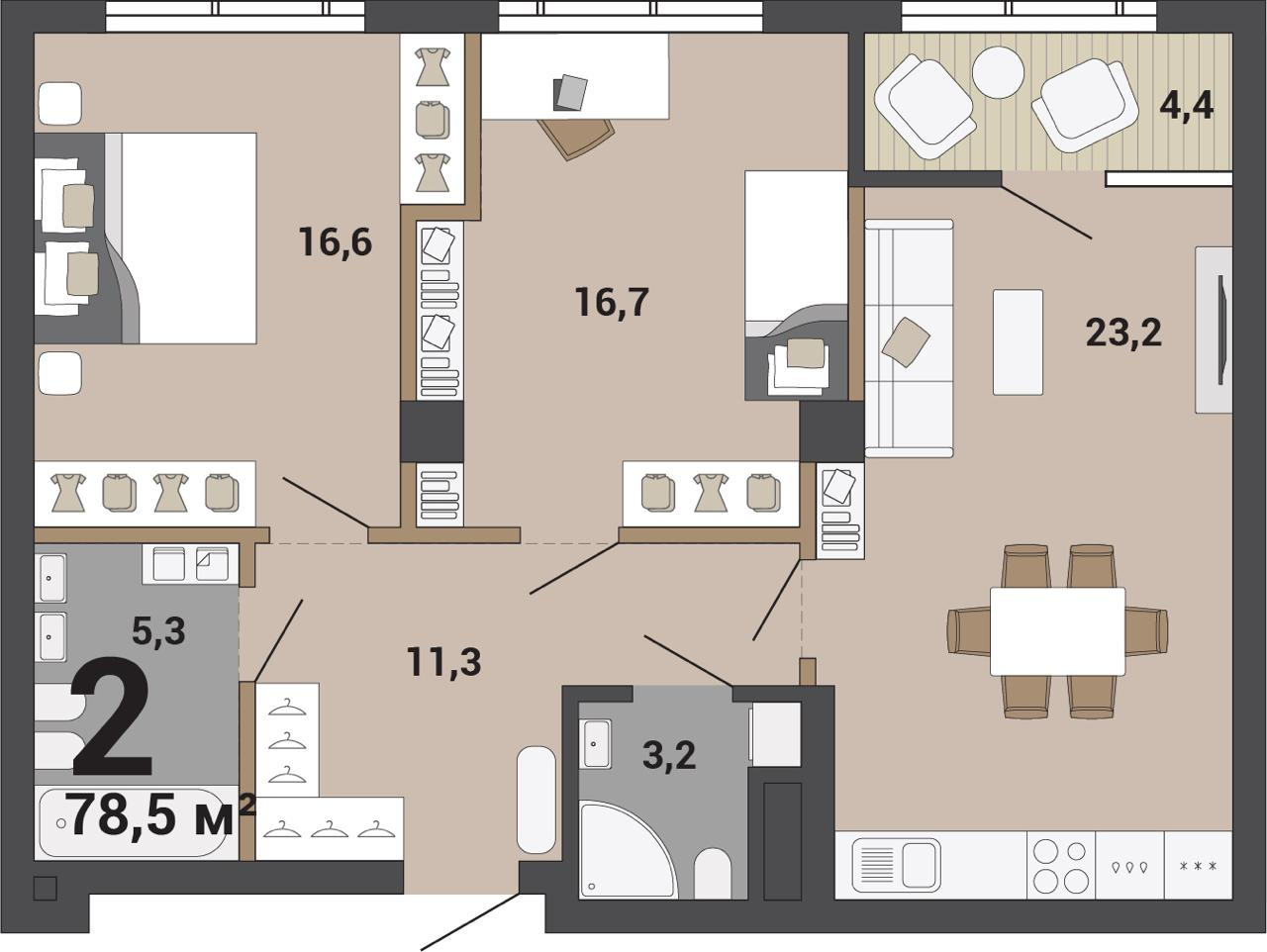 Квартира с кухней-гостиной, двумя спальнями и двумя санузлами. В каждой спальне есть место под гардероб <br>