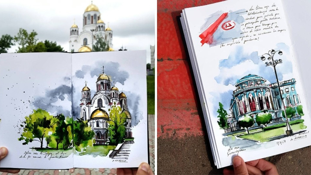 "Я влюбилась в вашу красную линию": испанская художница нарисовала достопримечательности Екатеринбурга